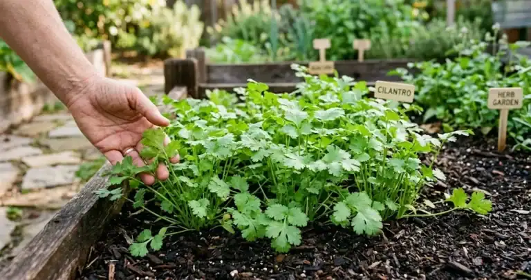 Healthy cilantro leaves growing in loose soil in a sunny home garden