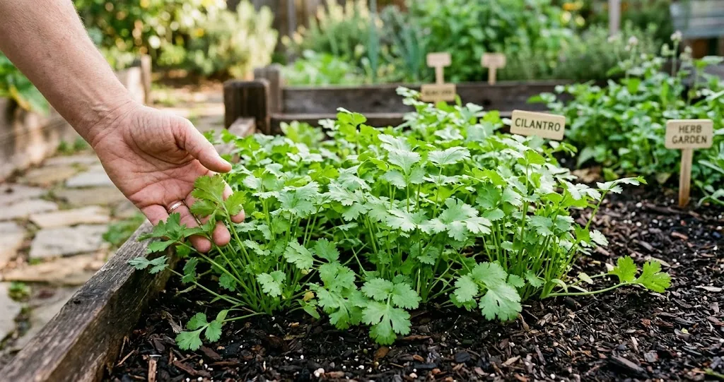 Healthy cilantro leaves growing in loose soil in a sunny home garden