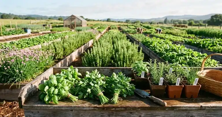 Freshly harvested sweet basil and flat-leaf parsley on a small commercial herb farm work table