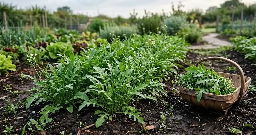 Fresh arugula leaves growing in a sunny garden bed beside a small wooden harvest trug
