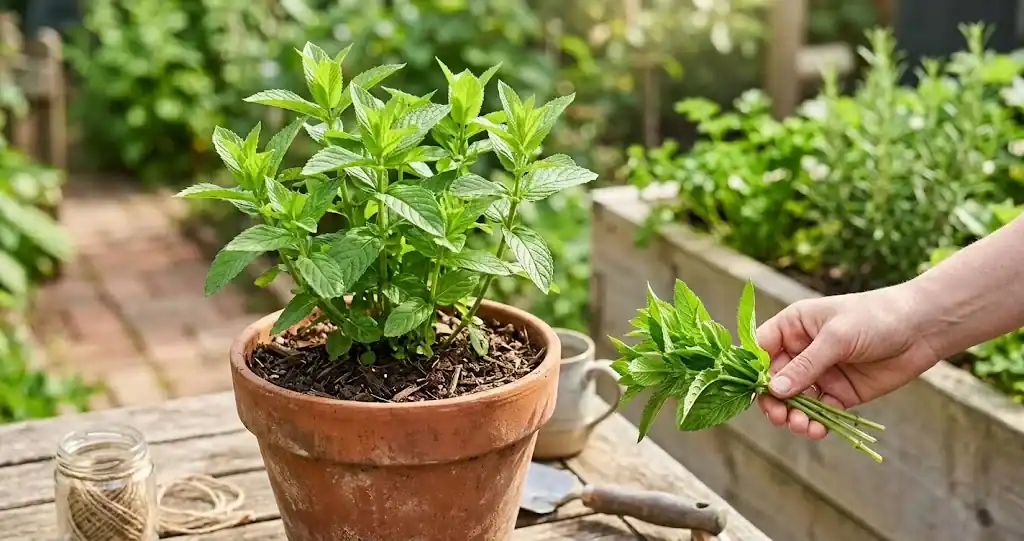 Healthy spearmint plant in a terracotta pot with freshly cut stems