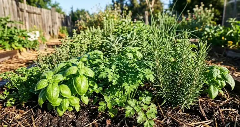 Lush organic herb garden bed in morning sunlight featuring sweet basil, parsley, and rosemary plants growing in rich soil