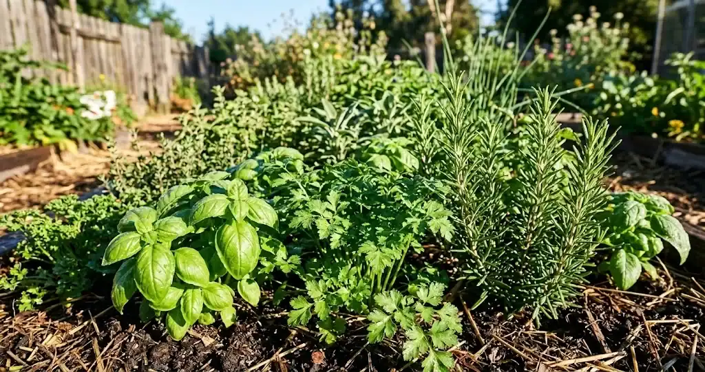 Lush organic herb garden bed in morning sunlight featuring sweet basil, parsley, and rosemary plants growing in rich soil