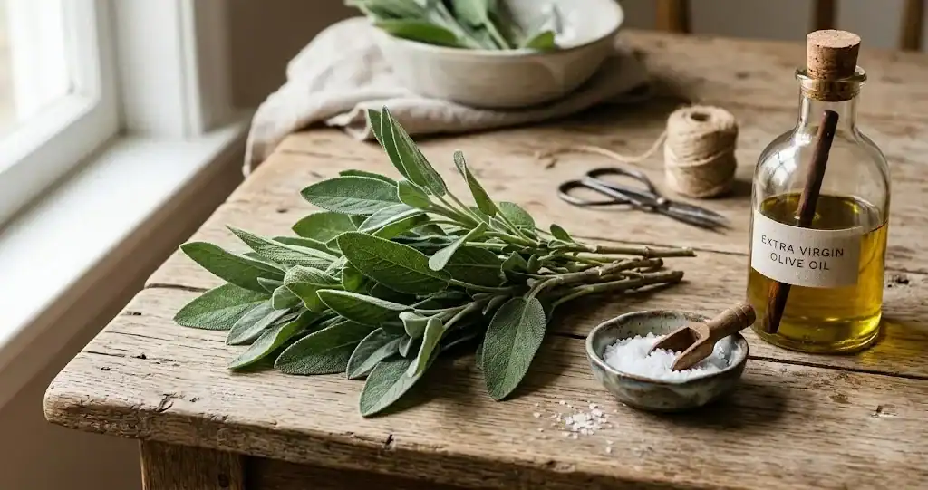 Fresh culinary common sage sprigs with velvety grey-green leaves on a wooden kitchen table