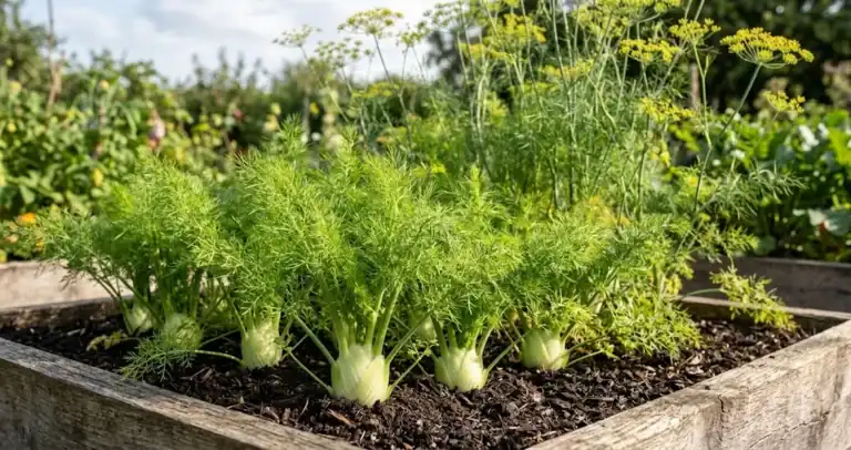 Lush Florence fennel bulbs swelling in a sunny garden bed alongside tall feathery sweet herb fennel