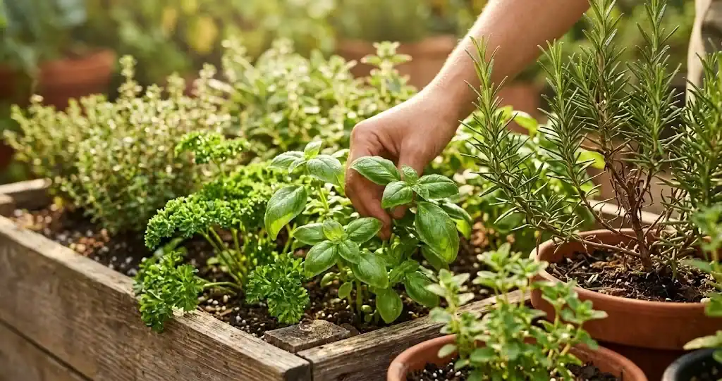 Lush culinary herb garden with sweet basil, rosemary, and parsley growing in terracotta containers and raised beds in sunny morning light