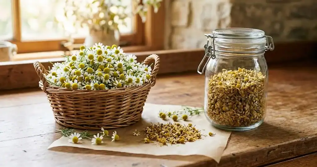 A wicker basket of freshly picked chamomile and a sealed glass jar of dried flowers on a wooden counter in soft morning light