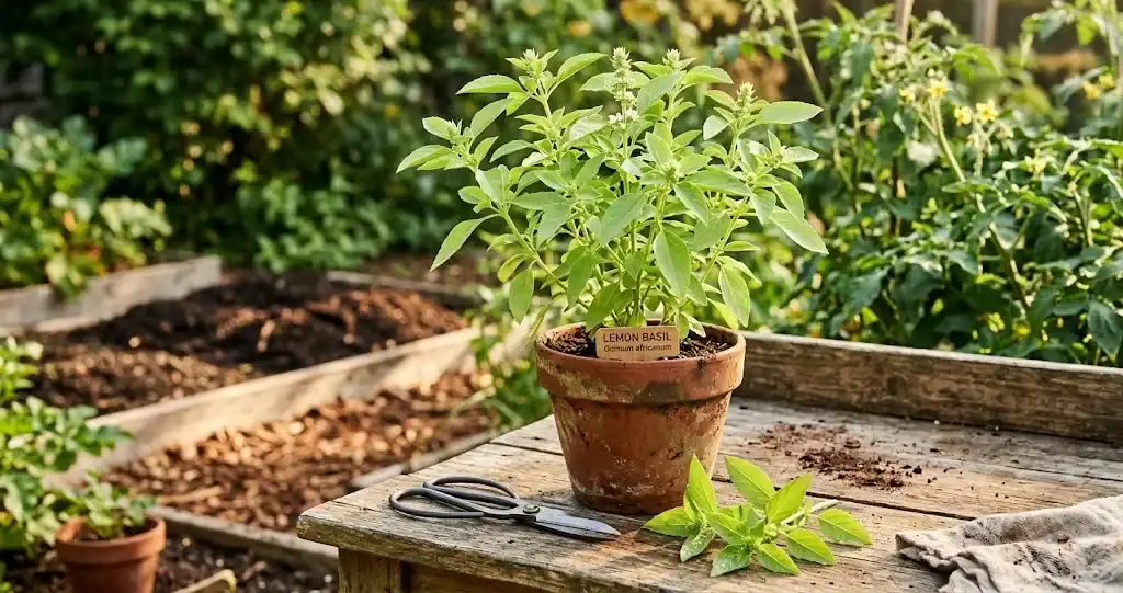 A healthy lemon basil plant growing in a terracotta pot on an outdoor wooden garden table in morning sunlight