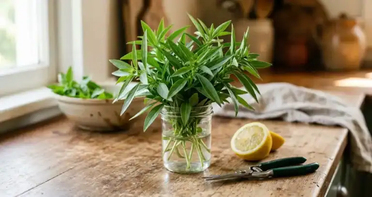 Cut lemon basil stems in a small glass jar of water on a wooden kitchen counter with garden snips, ready for storage