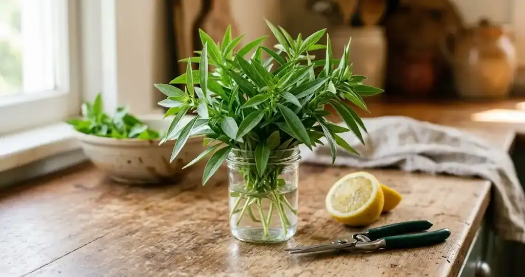 Cut lemon basil stems in a small glass jar of water on a wooden kitchen counter with garden snips, ready for storage