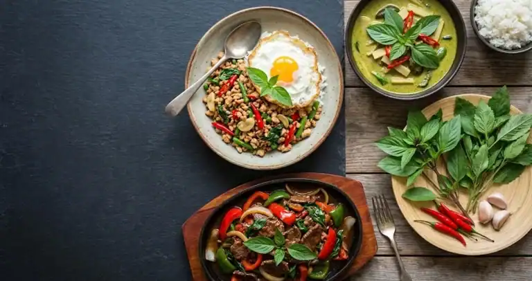 Overhead spread of finished Asian basil recipes including pad kra pao, beef stir fry, and green curry