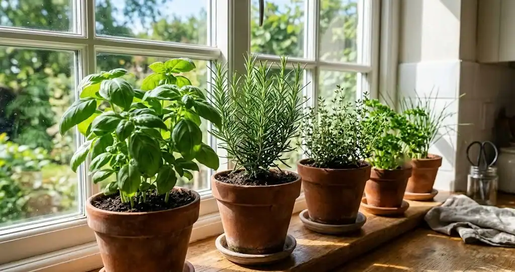 Potted basil and rosemary thriving on a sunlit kitchen windowsill