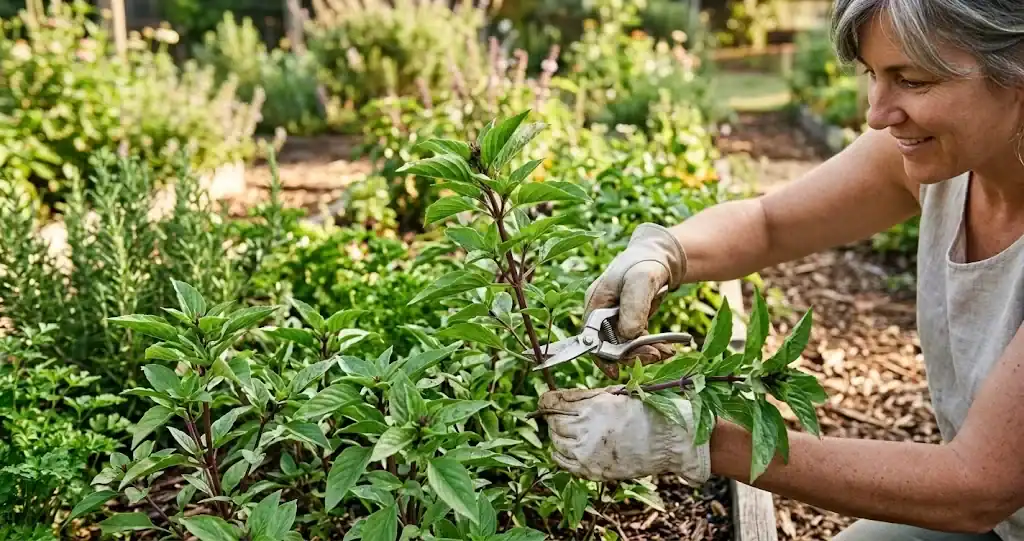 Gardener trimming purple Asian Thai basil stems above leaf nodes in a morning kitchen garden