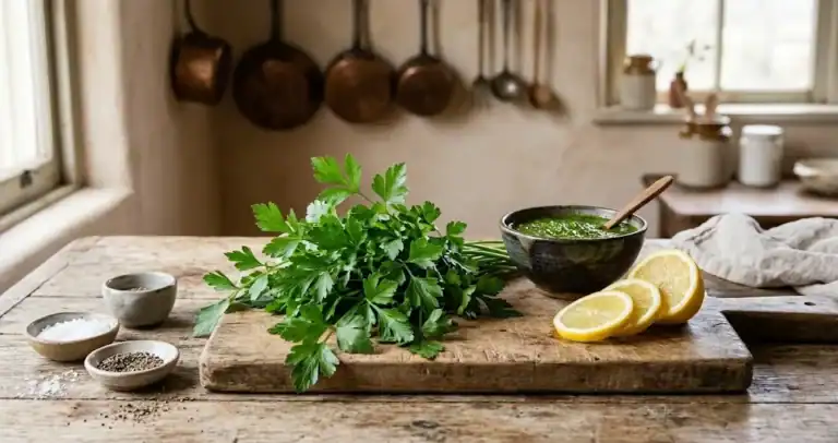 Freshly picked bunch of flat-leaf Italian parsley on a wooden cutting board with herb sauce and lemon