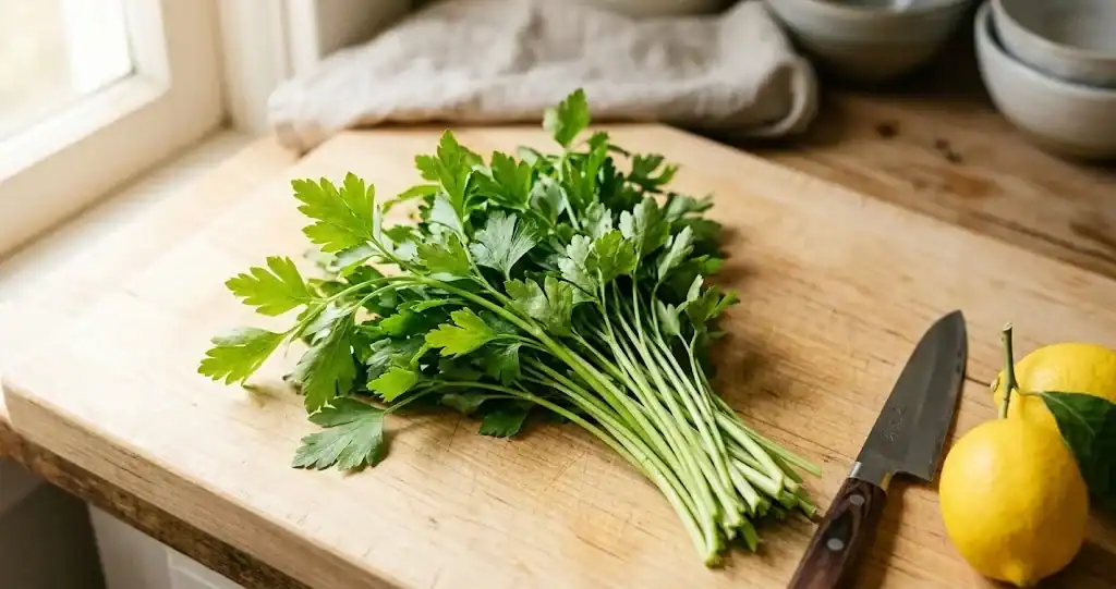 A fresh bunch of flat-leaf parsley laid across a light wood cutting board with lemons