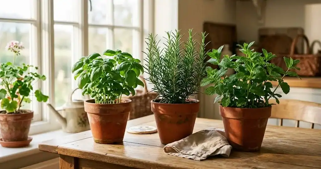 Fresh sweet basil, rosemary, and mint in terracotta pots on a sunlit wooden kitchen table