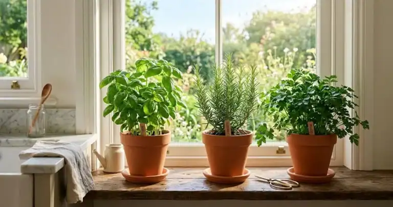 Thriving potted indoor herb garden on a sunlit kitchen windowsill with sweet basil, rosemary, and flat-leaf parsley