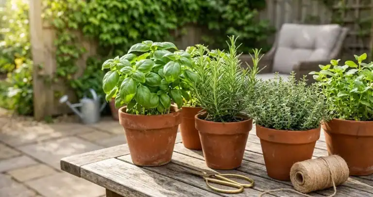 Thriving home herb garden in terracotta pots with sweet basil, rosemary, and thyme on a sunny outdoor patio table