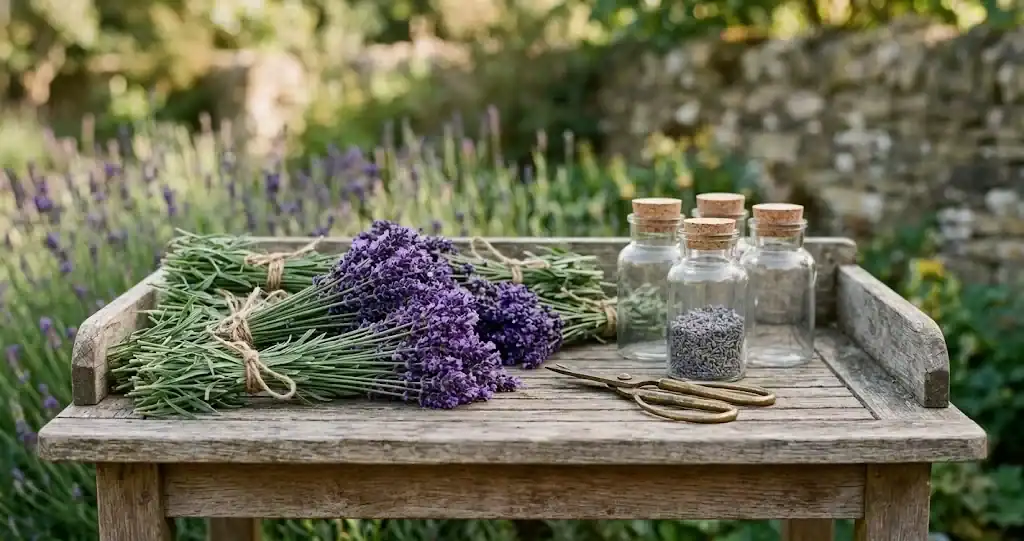 Harvested English lavender stems bundled on a rustic wooden table beside glass storage jars and vintage brass snips
