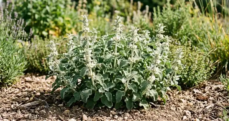 Thriving white horehound plant with wrinkled woolly leaves and small white flower whorls in a sunny garden bed