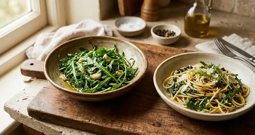 Rustic kitchen counter with sauteed rocket greens in a ceramic bowl alongside warm pasta