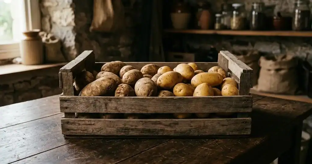 Rustic wooden crate filled with harvested and cured potatoes resting on a wooden pantry table