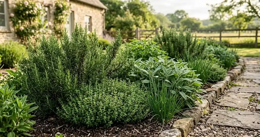 Thriving outdoor perennial herb garden bed with bushy rosemary, mounding thyme, textured sage, and flowering chives in morning sunlight