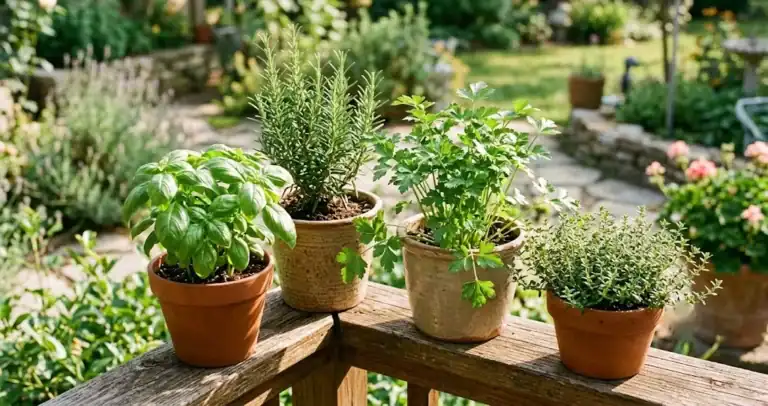 A cluster of potted herbs, including basil, rosemary, parsley, and thyme, arranged together on a sunny porch railing