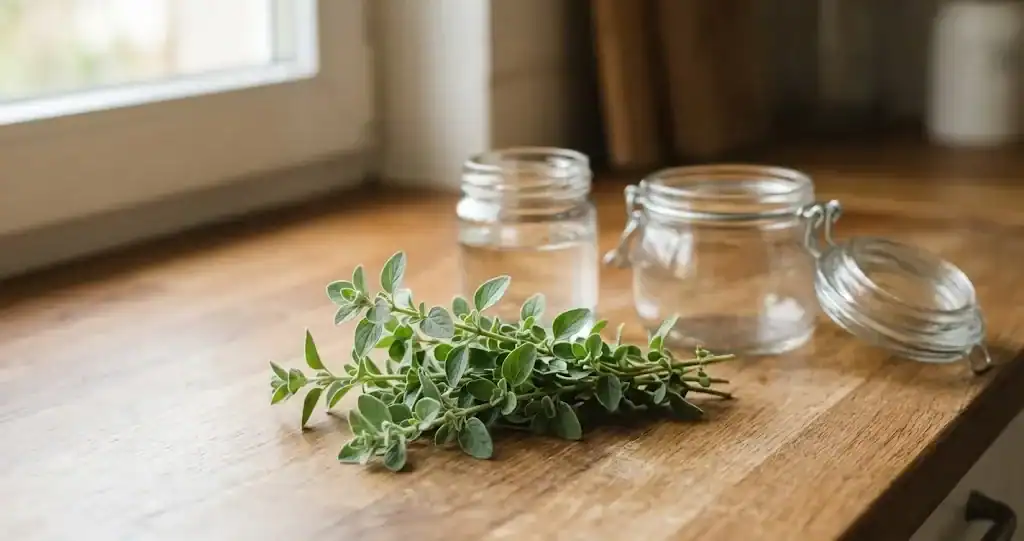 A small bunch of freshly cut marjoram sprigs on a wooden counter beside an empty storage jar
