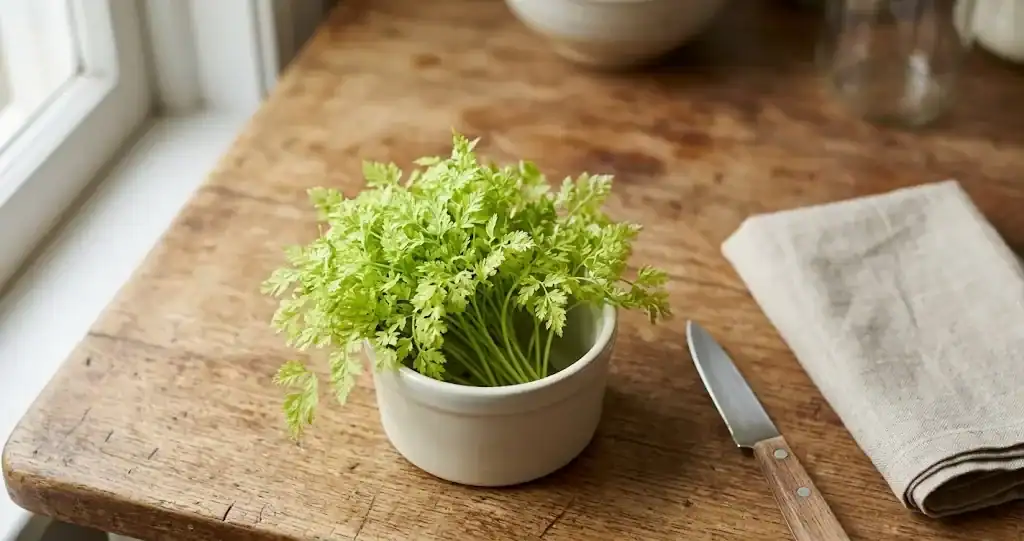 A small pale ceramic ramekin of fresh chopped chervil leaves with a paring knife on a wooden kitchen counter, soft daylight