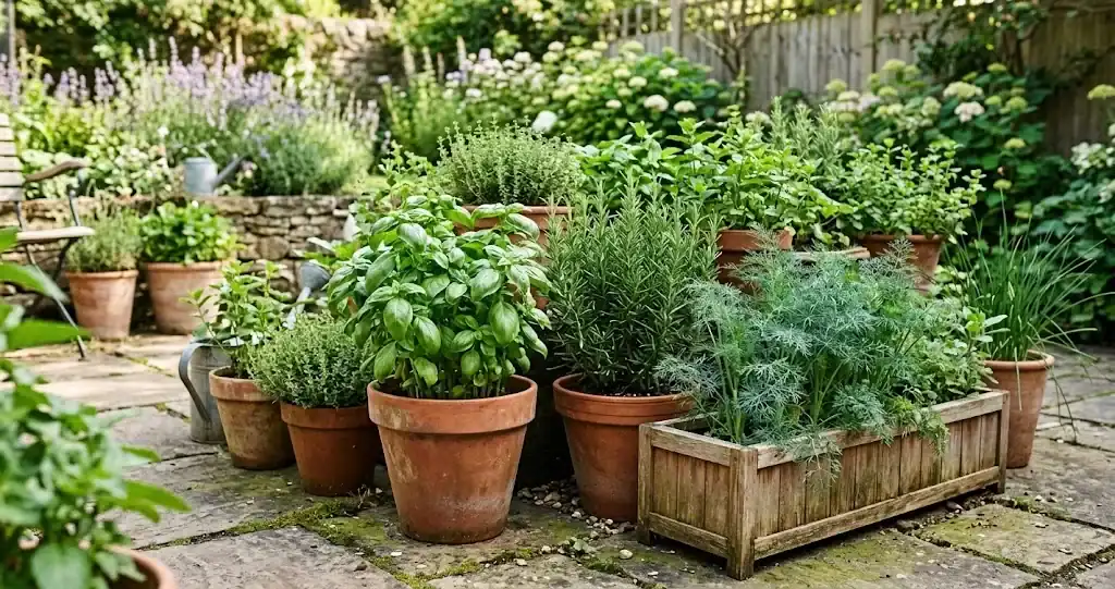 Sunlit domestic herb garden on a flagstone patio filled with terracotta pots of sweet basil, rosemary, and dill