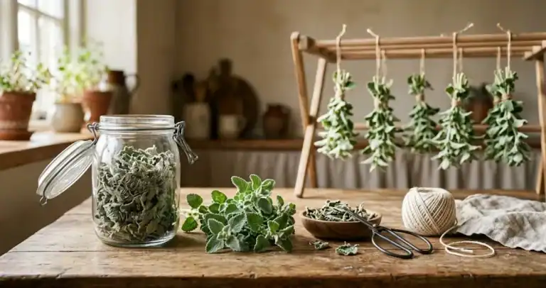 Home herbalist workspace with dried and fresh white horehound sprigs beside vintage glass storage jars