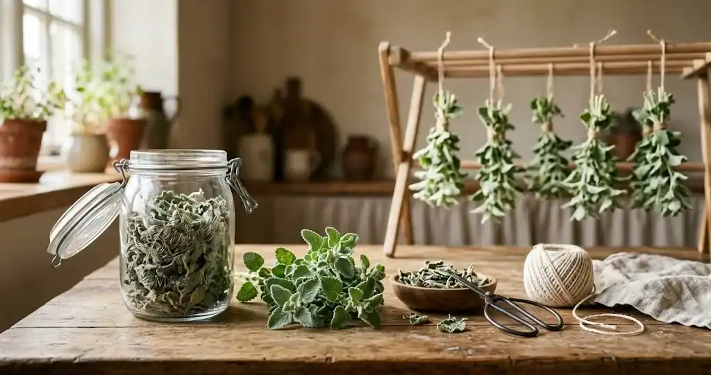 Home herbalist workspace with dried and fresh white horehound sprigs beside vintage glass storage jars
