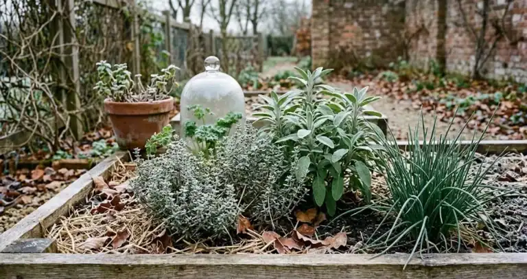 Cold-tolerant herbs including thyme, sage, and chives in a kitchen garden bed under soft autumn light with a glass cloche protecting young parsley