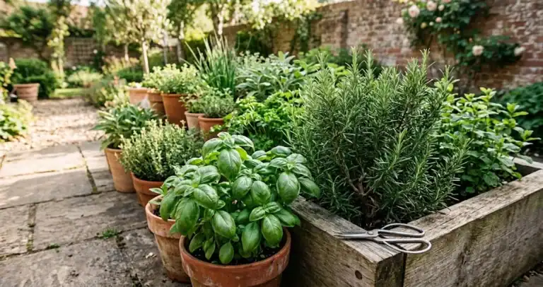 Lush home herb garden display with fresh basil and rosemary in terracotta pots on a sunny patio