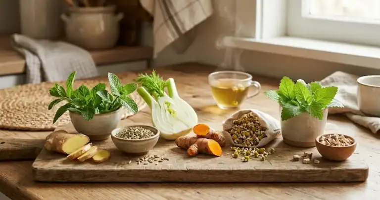 Seven fresh culinary herbs including sliced ginger, peppermint sprigs, a halved fennel bulb with fronds, fresh turmeric root, dried chamomile flowers, lemon balm leaves, and dried marshmallow root pieces arranged on a sunlit kitchen counter beside a small teacup