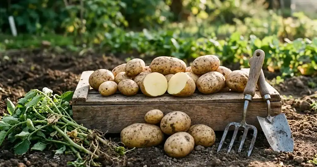 Freshly dug potatoes in a wooden crate with garden fork and trowel, warm afternoon light