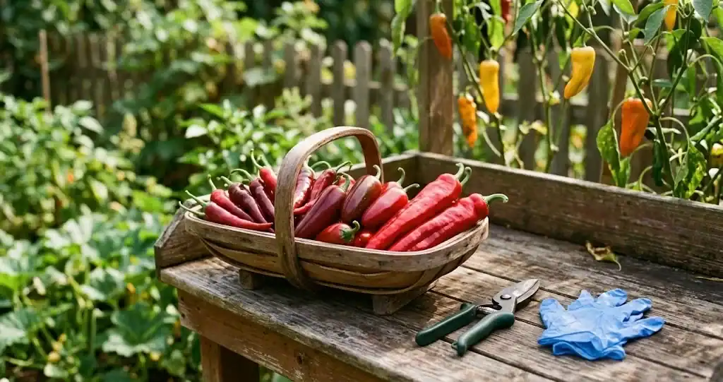 Freshly picked red chili peppers including cayenne and ripe red jalapeño in a small wooden trug on a potting bench with clean garden snips and nitrile gloves
