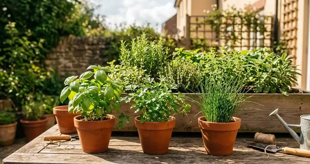 Three terracotta pots with basil, parsley, and chive on a sunlit back patio.