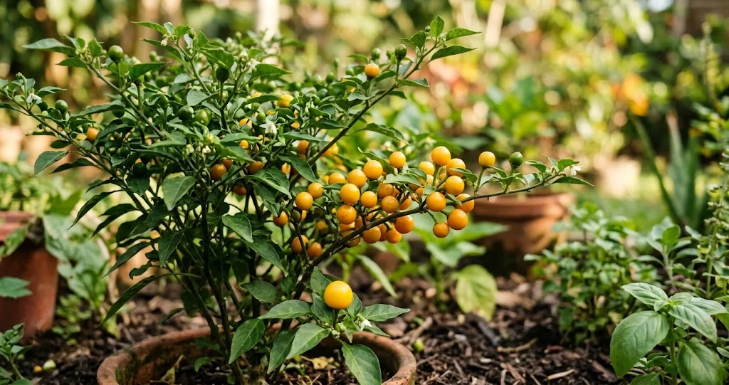 Ripe yellow and orange ají charapita pods growing on a compact pepper plant