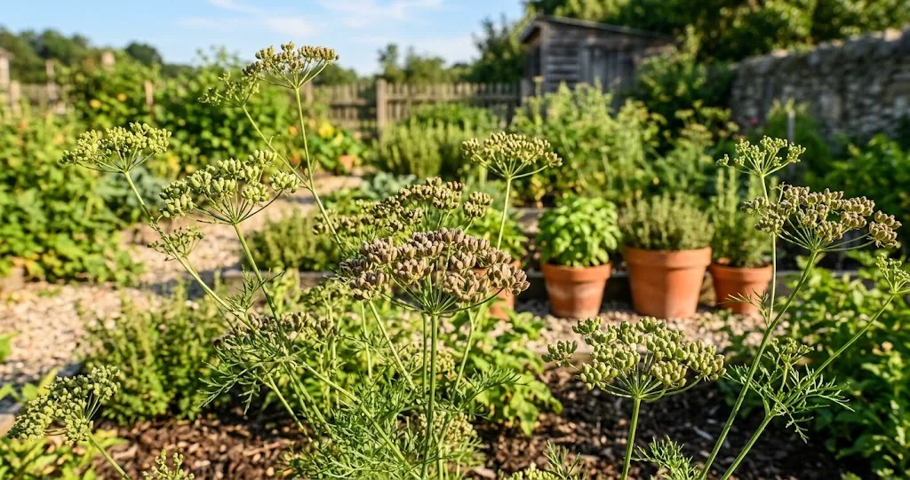 Ripening anise seed umbels on flowering plants in a sunny garden bed