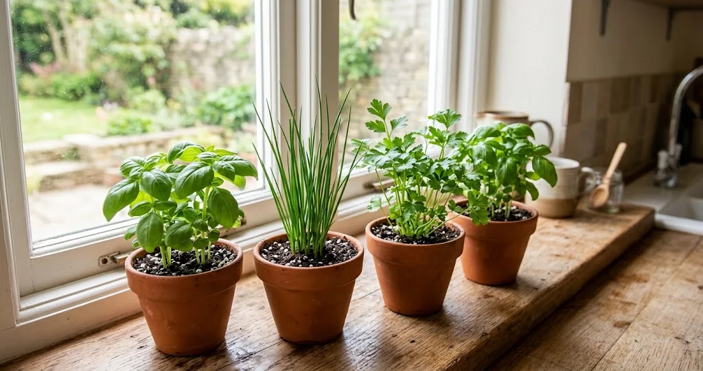 Potted herb seedlings including sweet basil, flat-leaf parsley, and chives thriving on a sunny indoor kitchen windowsill