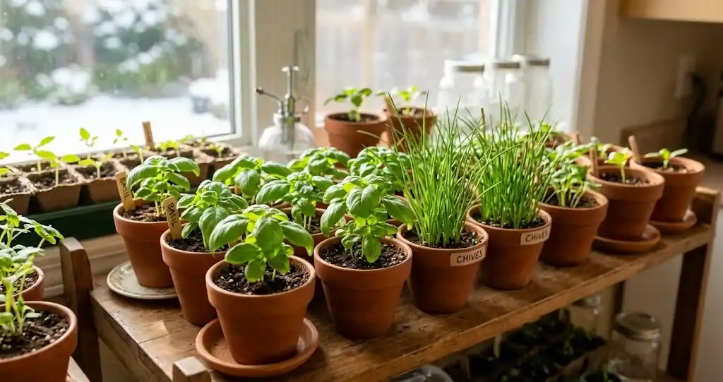 Young culinary herb seedlings including basil and chives thriving on an indoor propagation shelf in terracotta pots