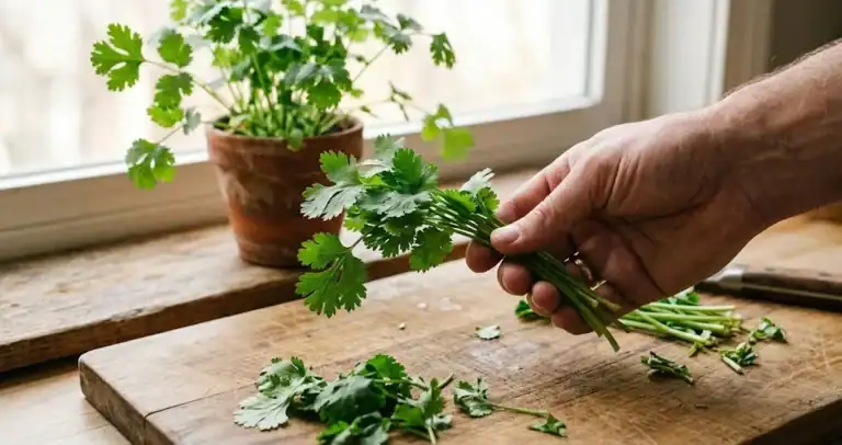 Hand holding a small bunch of freshly cut cilantro stems above a wooden cutting board
