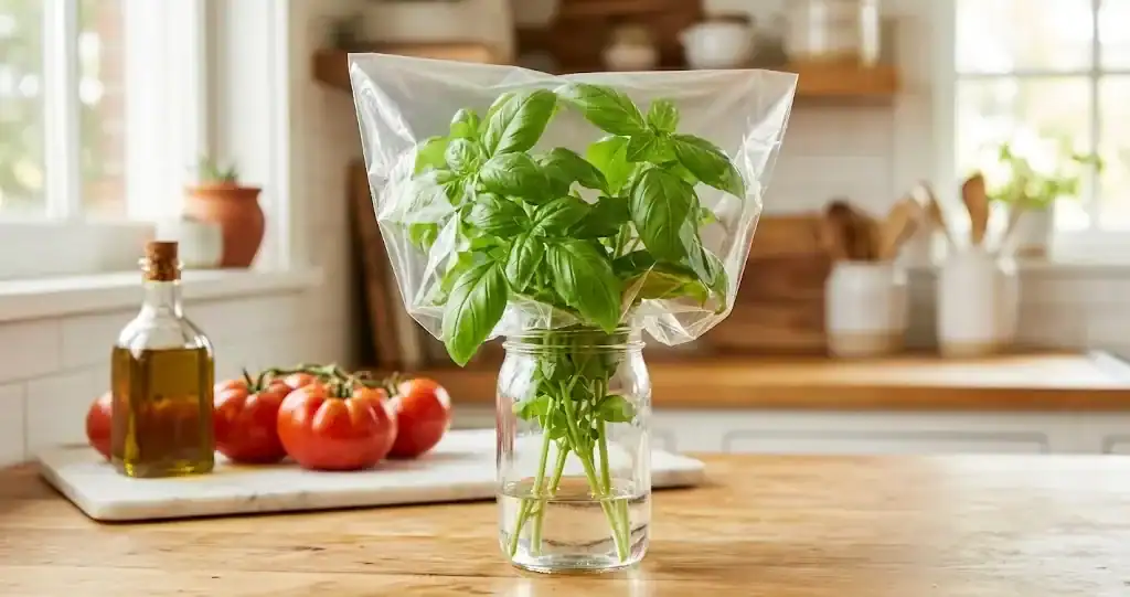 Fresh sweet basil bouquet standing in a jar of water on a sunlit wooden kitchen countertop