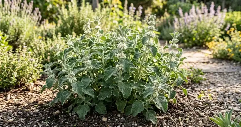 Thriving horehound plant with wrinkled grayish-green woolly leaves and small white flower whorls in a sunny garden