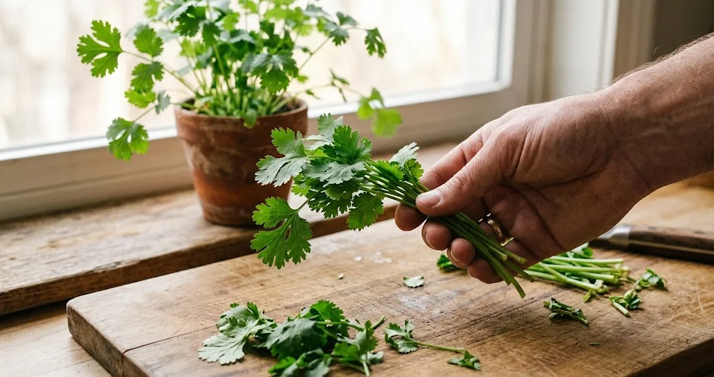 Hand holding a small bunch of freshly cut cilantro stems above a wooden cutting board