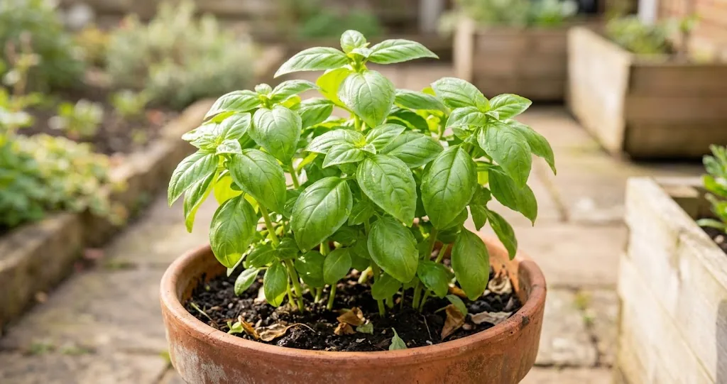 Lush sweet basil plant growing in a terracotta container on a sunny patio