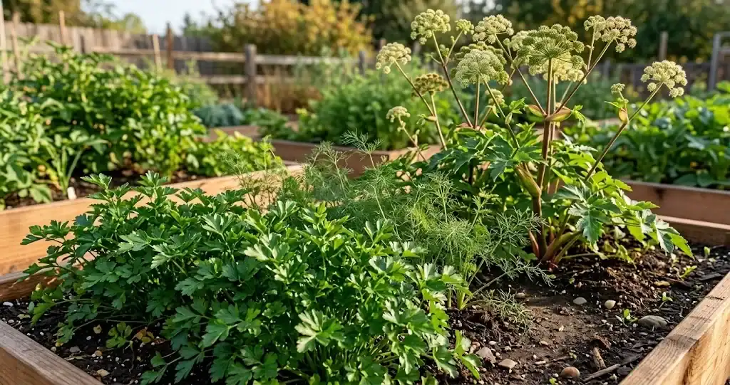 Lush kitchen garden bed with flat-leaf parsley, caraway, and flowering angelica in morning sunlight