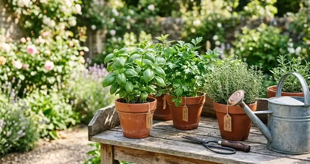 Potted fresh culinary herbs including sweet basil, curly parsley, and English thyme arranged on a sunlit wooden potting bench
